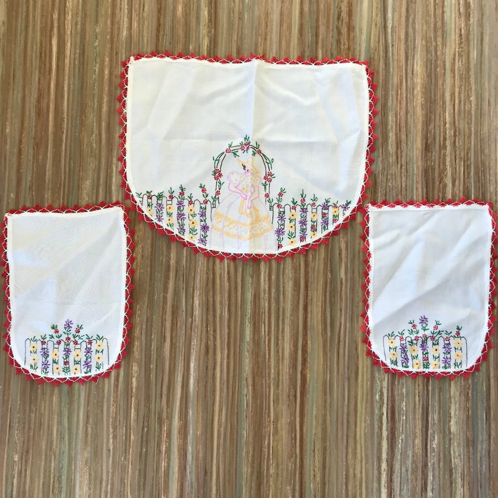 Ladies Chair Set Hand Embroidered Linen Armrest & Headrest Cover Crinoline Lady
